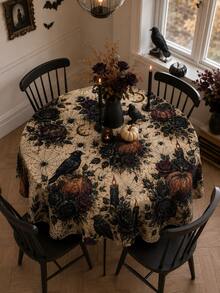 1pc Antique Beige Raven Candle Halloween Tablecloth, Dark Gothic Polyester Round Table Cover With Pumpkins, Black Roses, Moons, Spiderwebs And Dripping Candle Print For Dining Room, Kitchen, Haunted Party And Autumn Home Decor - A - View 9