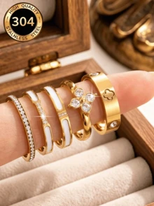 5pcs 18K Gold Plated Exquisite Luxury Sparkling Ring Set, Stainless Steel Jewelry Set, Multiple Sizes Available, Solves Your Size Anxiety, Waterproof, Wear-Resistant, Hypoallergenic, Suitable For Women's Daily Wear, Party, Gift, Vacation, Fashion Jewelry - Yellow Gold - View 9