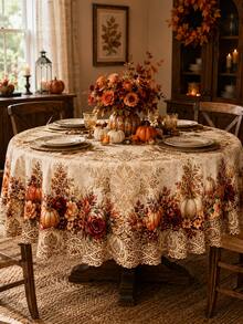 1pc Autumn Pumpkin Maple Leaf Tablecloth, Rustic Farmhouse Polyester Rectangular Table Cover With Fall Leaves And Harvest Pattern, Decorative Dining Tablecloth For Thanksgiving, Family Dinner, Kitchen, Party And Seasonal Home Decor - A - View 6