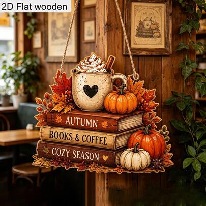 2D Flat Autumn Books Coffee Cozy Season Wooden Hanging Sign, Rustic Farmhouse Home Wall Decor Plaque, Autumn Thanksgiving Decoration, Suitable For Front Door Entrance Garden
