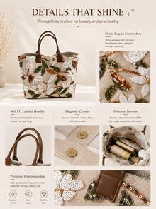 Women's Floral Sequin Embroidered Tote Bag Large Capacity Handbag - Multicolor - View 2