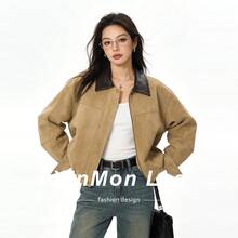 韓式高級麂皮抓絨拉鍊長袖夾克，休閒學院風日常約會穿搭，秋冬款 - 卡其色 - 查看 2