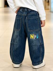 Boys' Toddler Loose Fit Denim Jeans With Embroidered Back Pocket, Autumn Style, Suitable For Back To School, Daily Wear, Outdoor And Home Use - Blue - View 1