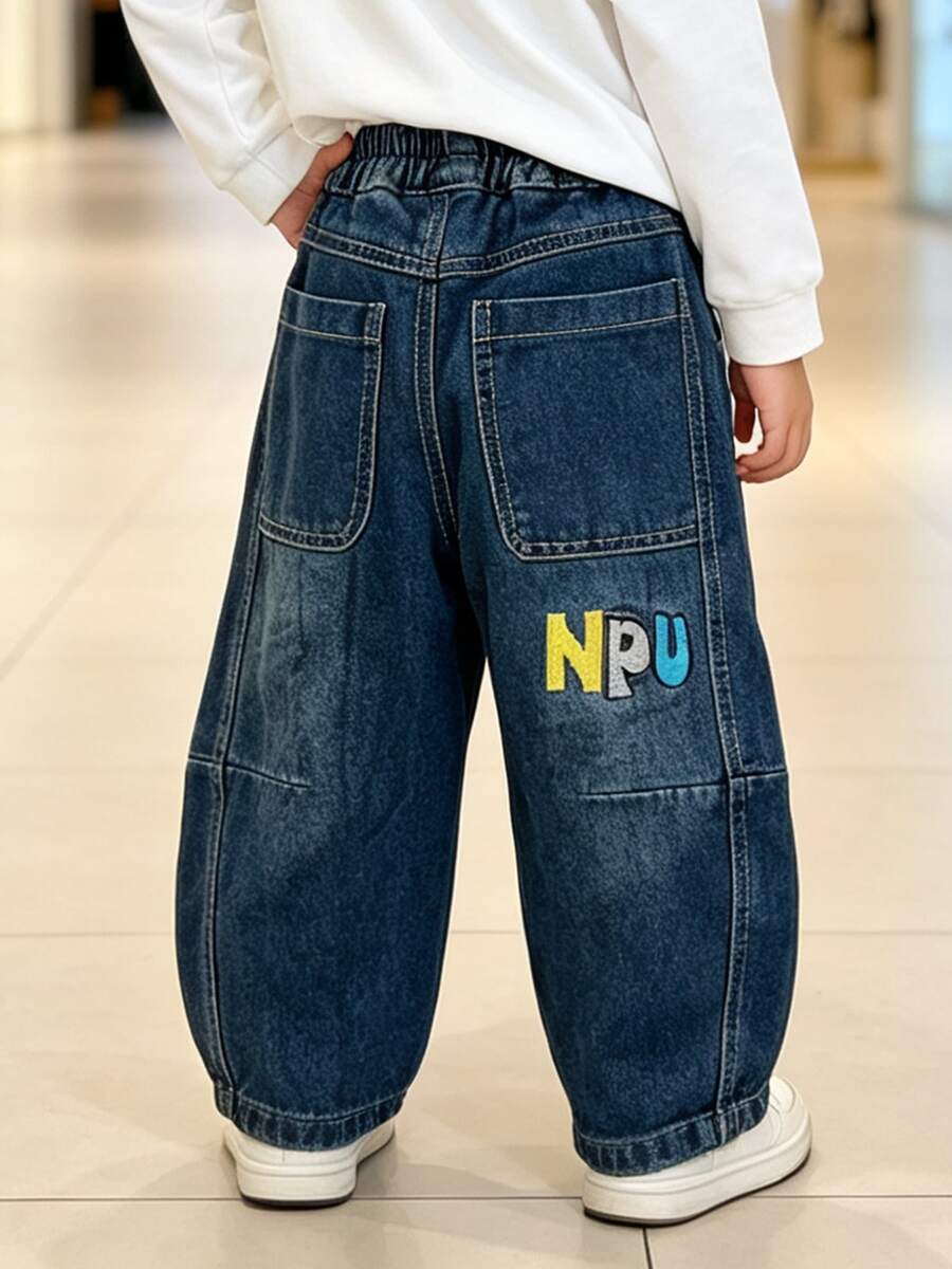 Boys' Toddler Loose Fit Denim Jeans With Embroidered Back Pocket, Autumn Style, Suitable For Back To School, Daily Wear, Outdoor And Home Use - Blue - View 1