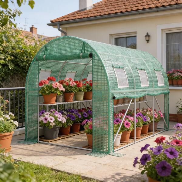 3x2x2m Arched Greenhouse Film Polytunnel, Galvanized Steel Frame Tomato Grow House, Garden Greenhouse With 6 Roll-Up Mesh Windows & 2 Zipper Doors For Vegetables Plants, Outdoor Garden Plant Protection Tunnel With Ground Pegs & Ropes, Green