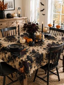 1pc Antique Beige Raven Candle Halloween Tablecloth, Dark Gothic Polyester Round Table Cover With Pumpkins, Black Roses, Moons, Spiderwebs And Dripping Candle Print For Dining Room, Kitchen, Haunted Party And Autumn Home Decor - A - View 6