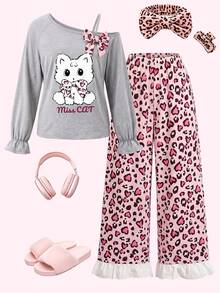 Girls Two Pieces Off Shoulder Bow Long Sleeved Pajamas, Cat Print Top, Heart-Shaped Leopard Print Pants, Spring And Autumn Casual Pajamas - Light Grey - View 3