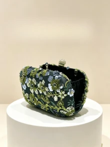 Vintage Dark Green Embroidered Sequin Floral Evening Clutch, Handmade Beaded Floral Hard Box Bag With Sequins Spherical Lock, Vacation Dress Niche Fairy Style Chain Crossbody Small Bag - Dark Green - View 3