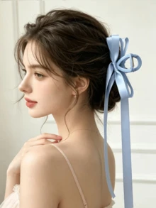 1件女款純色雙層蝴蝶結緞帶髮夾，適合日常使用，優雅可愛 - 淺藍 - 查看 3