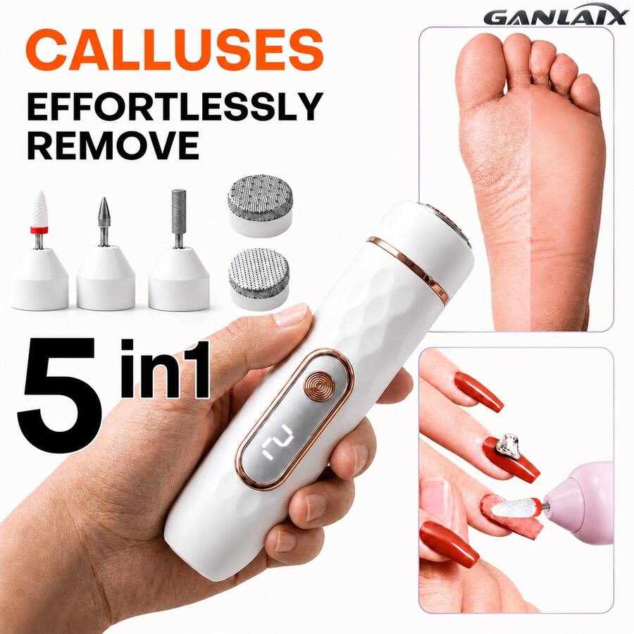 GANLAIX 電動腳繭去除器 電動磨皮機 可充電便攜式腳磨片 一鍵控制 可更換滾輪頭 適用乾粗腳跟 手部與足部護理 男女通用 聖誕禮物