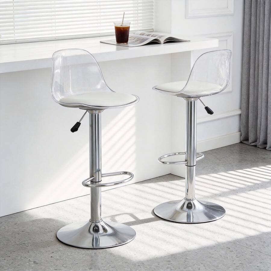 2 Pack Adjustable Bar Stools: Transparent Backrest + Silver Metal Legs, Height Adjustable 82-104cm, - 白色 - 查看 1