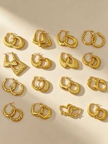 12 Pairs High-Quality 304 Stainless Steel Gold-Plated Rings & Earrings, Hypoallergenic, Anti-Oxidation, Fade-Resistant. Various Styles Including Double Layer, Square, Twisted, Textured And Chain Designs. Lightweight Vintage Minimalist Design, Suitable For Women's Daily Wear, Parties And Special Occasions. Also Suitable For Sensitive Skin. - Multicolor - View 2