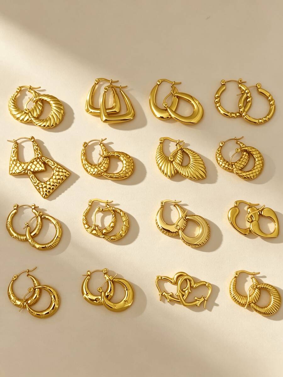 12 Pairs High-Quality 304 Stainless Steel Gold-Plated Rings & Earrings, Hypoallergenic, Anti-Oxidation, Fade-Resistant. Various Styles Including Double Layer, Square, Twisted, Textured And Chain Designs. Lightweight Vintage Minimalist Design, Suitable For Women's Daily Wear, Parties And Special Occasions. Also Suitable For Sensitive Skin.
