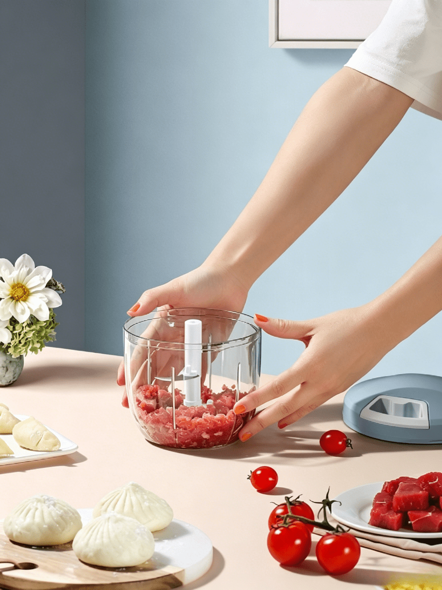 1pc Manual Pull-Cord Food Processor With Thickened Transparent Container, Easy-To-Clean Vegetable Chopper And Meat Grinder Bowl, A Grinding Tool For Baby Complementary Food And Garlic Paste.