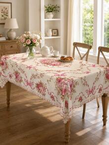 1 pieza Mantel rectangular vintage con flores rosas, cubierta de mesa de comedor de poliéster estilo rococó francés con lazo de rosa, decoración elegante de jardín para fiesta de té, boda y comedor del hogar - H - Ver 4