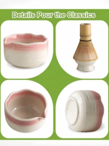 Set Teh Matcha Jepang 1/4/5/7 buah, Termasuk Mangkuk Matcha Keramik, Pengaduk Bambu, Sendok Teh, Saringan Teh, Set Upacara Teh Lengkap, Kemasan Kotak Hadiah - merah muda dan putih - View 7