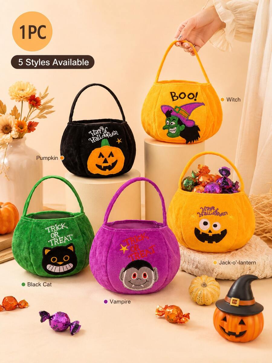 1pc Halloween Trick Or Treat Candy Bag, Velvet Drawstring Gift Bag With Pumpkin, Ghost, Bat, Witch And Skeleton Pattern, Scary Handheld Candy Bag, Suitable For Costume Party, Haunted House Event, Outdoor Holiday, Party Favor, Candy Storage And Decoration - Multicolor - View 1