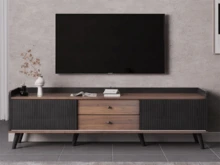 TV Stand With Two Drawers, TV Table, Low TV Board With Two Sliding Doors. Black And Natural Wood - 黑色 - 查看 7