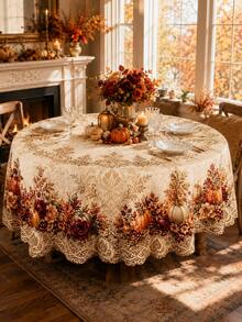 1pc Autumn Pumpkin Maple Leaf Tablecloth, Rustic Farmhouse Polyester Rectangular Table Cover With Fall Leaves And Harvest Pattern, Decorative Dining Tablecloth For Thanksgiving, Family Dinner, Kitchen, Party And Seasonal Home Decor - A - View 8