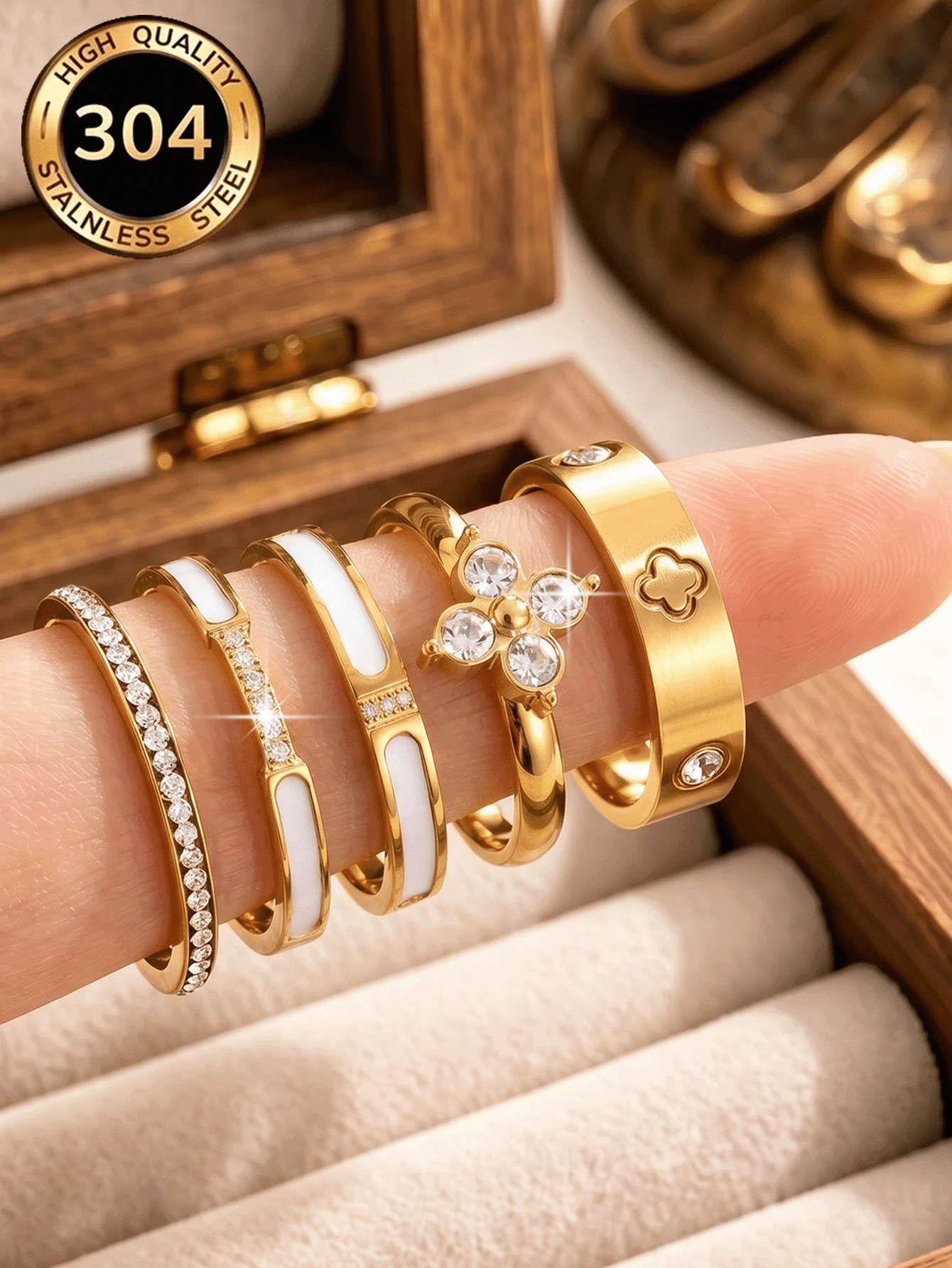 5pcs 18K Gold Plated Exquisite Luxury Sparkling Ring Set, Stainless Steel Jewelry Set, Multiple Sizes Available, Solves Your Size Anxiety, Waterproof, Wear-Resistant, Hypoallergenic, Suitable For Women's Daily Wear, Party, Gift, Vacation, Fashion Jewelry - Yellow Gold - View 1