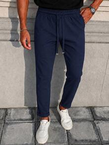 Pantalones casuales de cintura alta con cordón y dobladillo con puño para hombres - Azul Marino - Ver 1