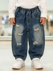 Boys' Toddler Loose Fit Denim Jeans With Back Pocket Embroidery, Autumn Style, Suitable For Back To School, Daily Wear, Outdoor And Home Use - Light Wash - View 1