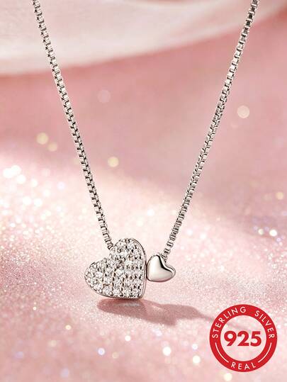 1pc S925 Sterling Silver Luxury Double Heart Pendant Necklace, Sweet ...