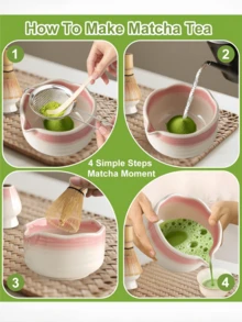 Set Teh Matcha Jepang 1/4/5/7 buah, Termasuk Mangkuk Matcha Keramik, Pengaduk Bambu, Sendok Teh, Saringan Teh, Set Upacara Teh Lengkap, Kemasan Kotak Hadiah - merah muda dan putih - View 8