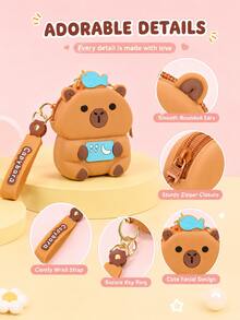 XD 1pc Mini Capybara Shaped Coin Purse With Keychain - Silicone Material, Multi-Functional Zipper Lipstick Storage Bag, Cute Cartoon Design, Suitable For Girls, Can Be Used As Coin Purse, Student Backpack Decoration, Mini Bag Charm, Unique Phone Accessory, Also Suitable For Women's Wallet And Phone Accessory, Can Be Given As Gift To Friends, Party Accessory, Car Pendant Or Children's Gift. - Multicolor - View 2