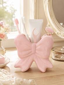 1pc/2pcs Ins Style Girl Big Bow Toothbrush Holder, Glossy Ribbon Design Bathroom Storage Organizer, Pink White Black 3 Colors, Cute Aesthetic Vanity Decor Gift - Multicolor - View 4