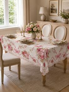 1 pieza Mantel rectangular vintage con flores rosas, cubierta de mesa de comedor de poliéster estilo rococó francés con lazo de rosa, decoración elegante de jardín para fiesta de té, boda y comedor del hogar - H - Ver 3