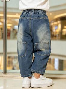 Boys' Toddler Loose Fit Denim Jeans With Back Pocket Embroidery, Autumn Style, Suitable For Back To School, Daily Wear, Outdoor And Home Use - Light Wash - View 5