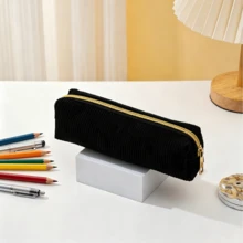 1/2pcs Solid Color Plaid Multifunctional Large Capacity Diamond Pattern Stationery Bag, Student Plush Pencil Case, Backpack Organizer - Black - View 7
