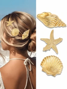 1/3pcs Gold Shell & Starfish Hair Clips, Suitable For Women And Girls, Ocean Conch Hair Sticks, Vintage French Metal Side Hair Clips, Mermaid Beach Hair Accessories - Gold - View 8