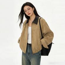 韓式高級麂皮抓絨拉鍊長袖夾克，休閒學院風日常約會穿搭，秋冬款 - 卡其色 - 查看 3