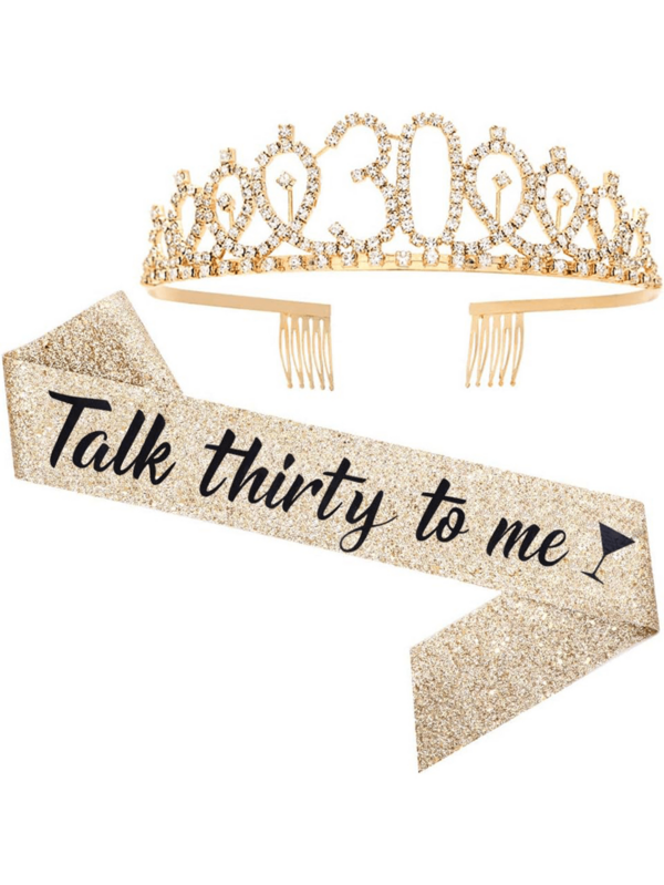 "Talk To Me About 30" Sash And Rhinestone Crown Set - 30th Birthday Gift For Women, Birthday Party Supplies