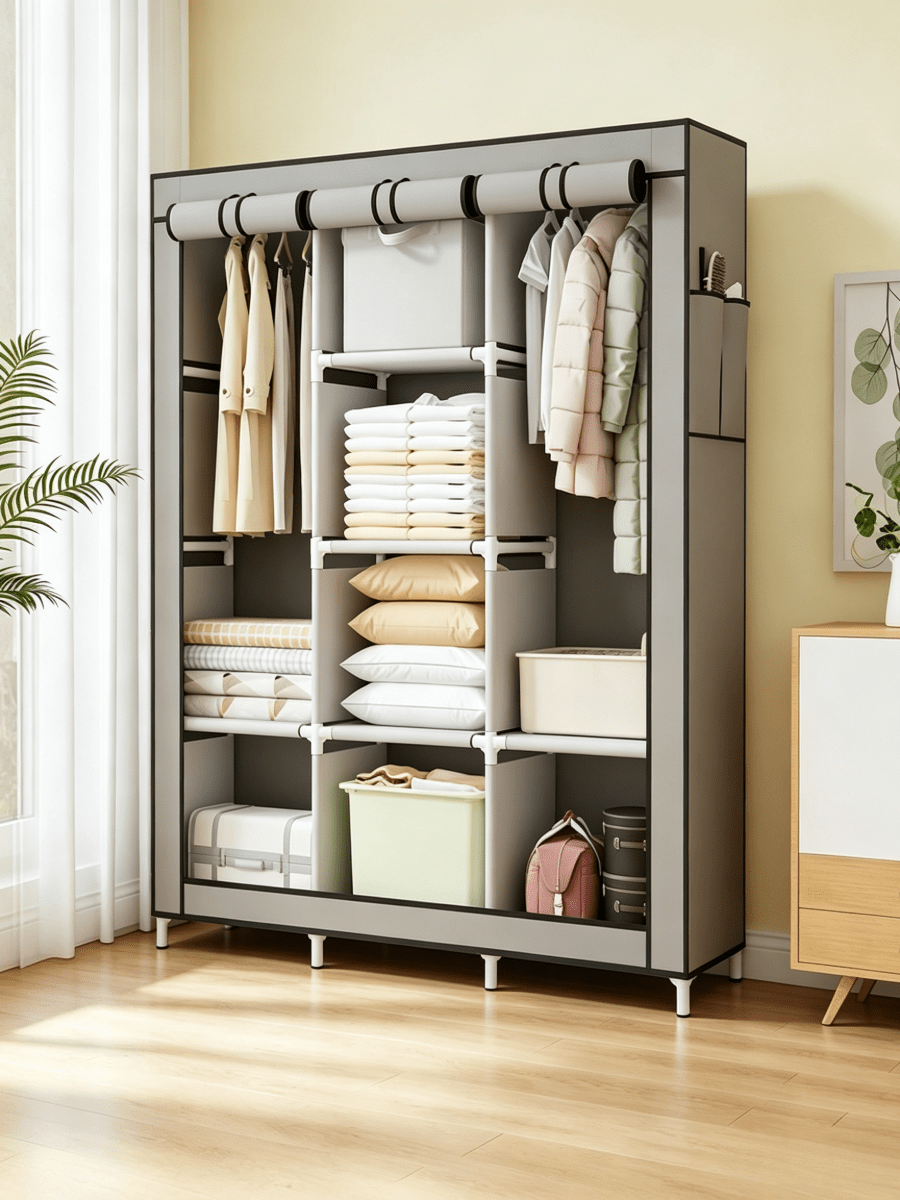 1pc Large Capacity Portable Simple Wardrobe, Equipped With Non-Woven Dust Cover, Easy To Install, Space Saving, Sturdy And Durable, Essential Storage Supplies For Bedrooms, Rental Houses And Dormitories, Integrated Vertical Floor Clothes Rack