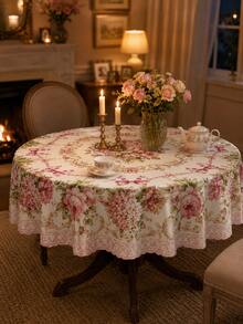1 pieza Mantel rectangular vintage con flores rosas, cubierta de mesa de comedor de poliéster estilo rococó francés con lazo de rosa, decoración elegante de jardín para fiesta de té, boda y comedor del hogar - H - Ver 8