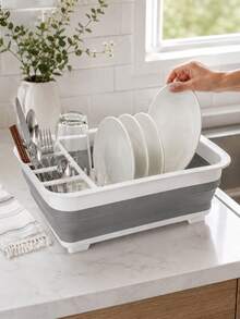 Foldable Dish Drying Rack With Drip Tray, Space-Saving Collapsible Design For Drying Dishes, With Utensil Storage Tray/Basket, Suitable For Kitchen Countertop Storage, Dish Drying Rack - Grey - View 6