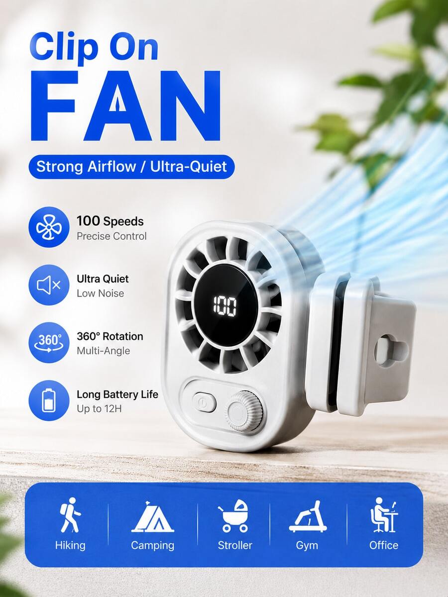 YAIUZGOO 車用夾式風扇 附 LED 顯示螢幕，100 段可調風速，可充電，多功能個人風扇，適用於辦公室、車內、遮陽傘下與旅行