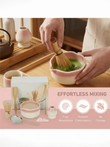 Set Teh Matcha Jepang 1/4/5/7 buah, Termasuk Mangkuk Matcha Keramik, Pengaduk Bambu, Sendok Teh, Saringan Teh, Set Upacara Teh Lengkap, Kemasan Kotak Hadiah - merah muda dan putih - View 3
