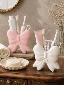1pc/2pcs Ins Style Girl Big Bow Toothbrush Holder, Glossy Ribbon Design Bathroom Storage Organizer, Pink White Black 3 Colors, Cute Aesthetic Vanity Decor Gift - Multicolor - View 17
