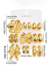 18pcs Gold Fashion Women's Earring Set, Including Left And Right Ear Flowers, Five-Petal Flowers, Water Drop Shape, Heart Shape And Small C-Shape Designs, Fashionable And Elegant Style, Suitable For Daily Wear, Gatherings And Parties. Perfect Gift For Girlfriend, Mother. - Gold - View 6