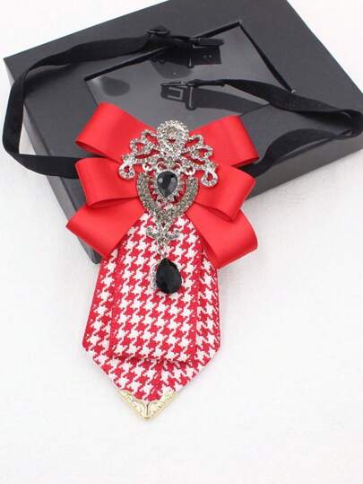 1 chiếc vòng cổ nơ họa tiết răng sói vintage, nơ satin đính đá rhinestone, phụ kiện cổ áo sơ mi phong cách preppy