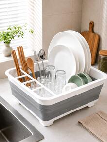 Foldable Dish Drying Rack With Drip Tray, Space-Saving Collapsible Design For Drying Dishes, With Utensil Storage Tray/Basket, Suitable For Kitchen Countertop Storage, Dish Drying Rack - Grey - View 8