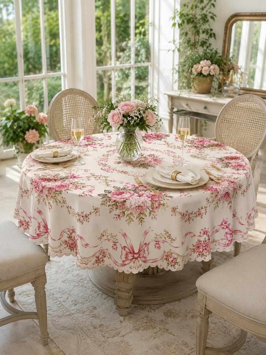 1 pieza Mantel rectangular con lazo de peonía rosa, mantel de mesa de comedor rectangular de poliéster con borde floral de estilo francés vintage, decoración de mesa con cinta de rosa romántica para boda, fiesta de té, cocina del hogar - D - Ver 1