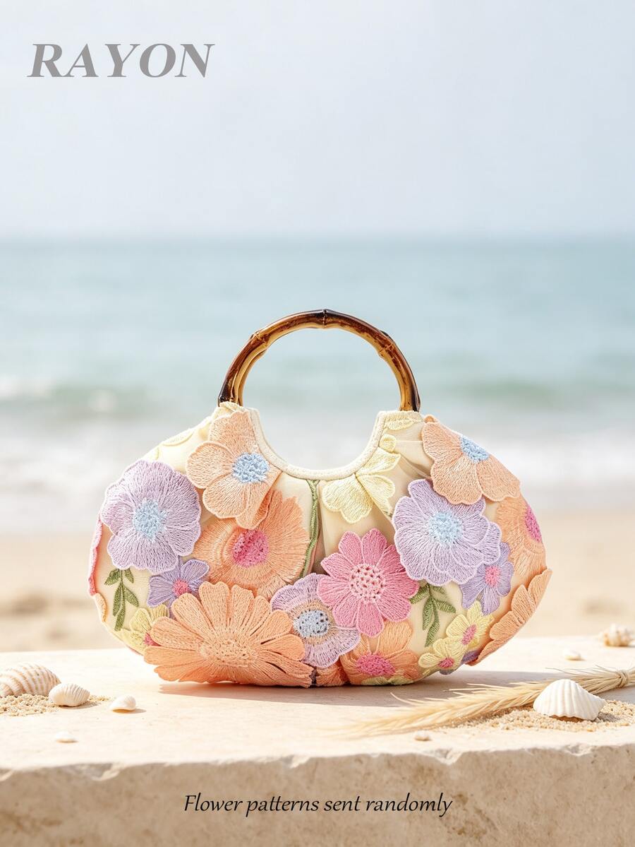 1件粉色3D貼花網紗刺繡手提包,花卉圖案,復古竹柄,雲朵包,適合度假與休閒穿著(花卉圖案隨機裁切與分佈) - 粉色 - 查看 1