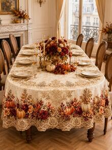 1pc Autumn Pumpkin Maple Leaf Tablecloth, Rustic Farmhouse Polyester Rectangular Table Cover With Fall Leaves And Harvest Pattern, Decorative Dining Tablecloth For Thanksgiving, Family Dinner, Kitchen, Party And Seasonal Home Decor - A - View 4