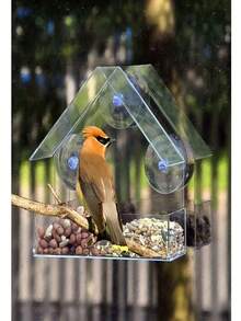 House Shaped Clear Acrylic Window Bird Feeder With Suction Cups, Weatherproof Spill Resistant Wild Bird Feeding Tray, Easy Clean Transparent View Design For Outdoor Patio Garden, Ideal For Bluebirds Canaries Sparrows Watching - one-size - View 7