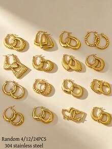12 Pairs High-Quality 304 Stainless Steel Gold-Plated Rings & Earrings, Hypoallergenic, Anti-Oxidation, Fade-Resistant. Various Styles Including Double Layer, Square, Twisted, Textured And Chain Designs. Lightweight Vintage Minimalist Design, Suitable For Women's Daily Wear, Parties And Special Occasions. Also Suitable For Sensitive Skin. - Multicolor - View 3